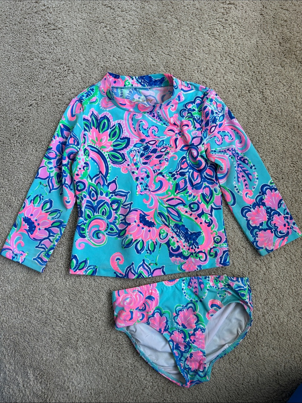 Lilly Pulitzer Girls' Turquoise & Pink Floral Rash Guard Swim Set, 5
